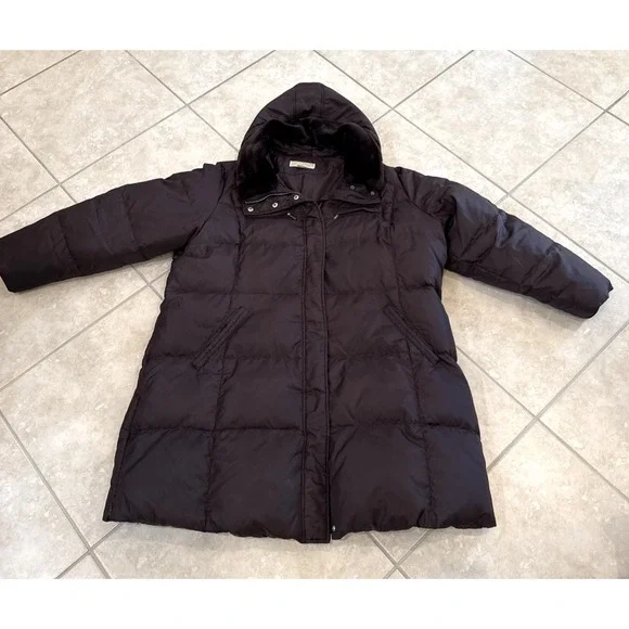 Michael Kors 2X Brown Quilted Feather Puffer Coat Jacket Faux Fur Collar & Hood